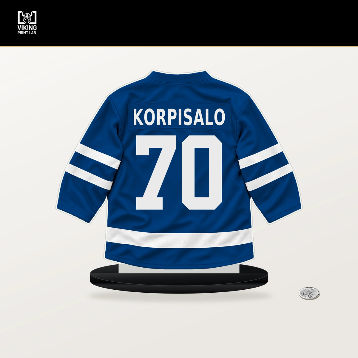 Joonas Korpisalo number 70 New York Rangers jersey stand with included black base.
