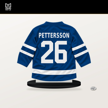 Marcus Pettersson number 26 New York Rangers jersey stand with included black base.