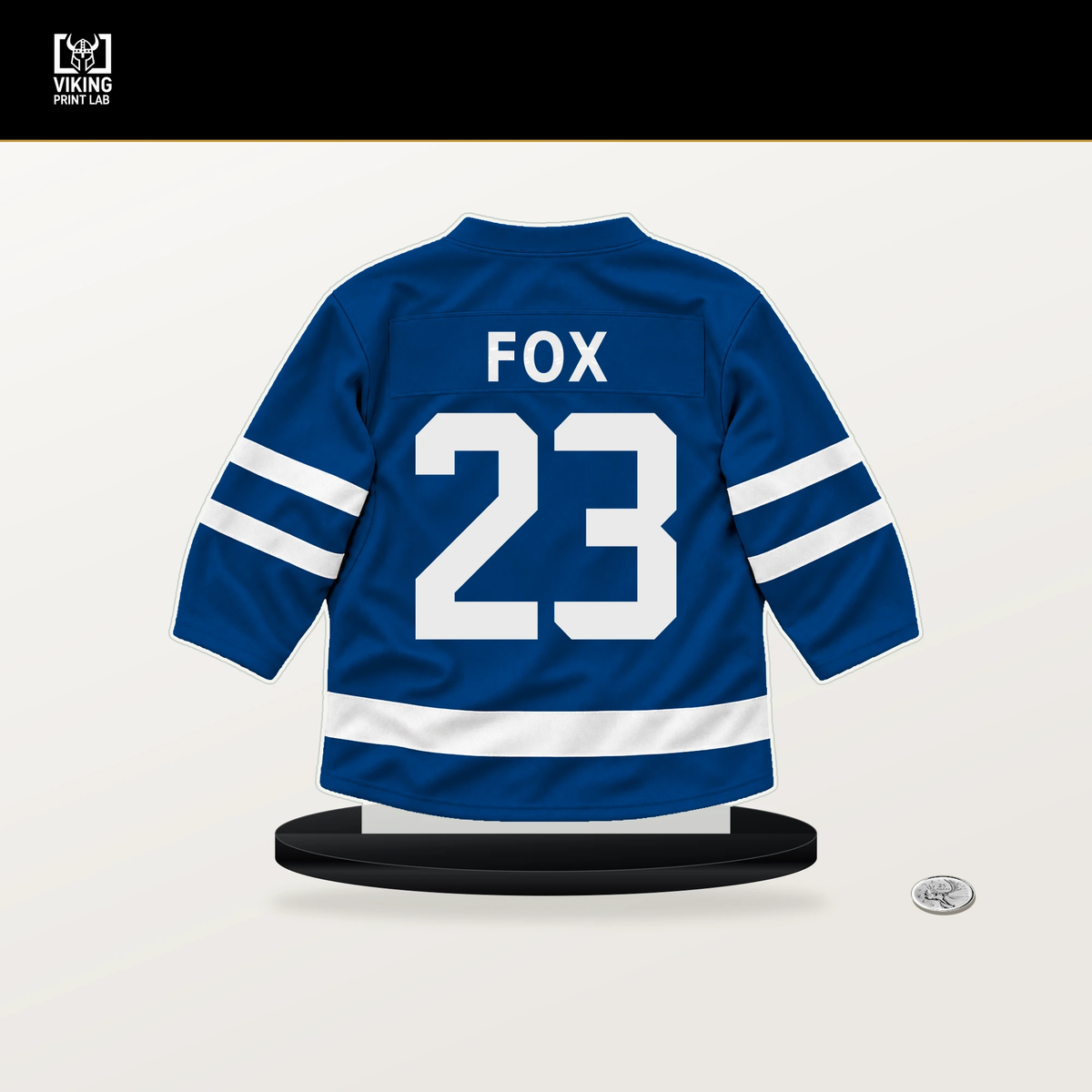 Adam Fox number 23 New York Rangers jersey stand with included black base.