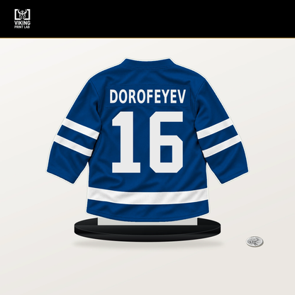 Pavel Dorofeyev number 16 New York Rangers jersey stand with included black base.