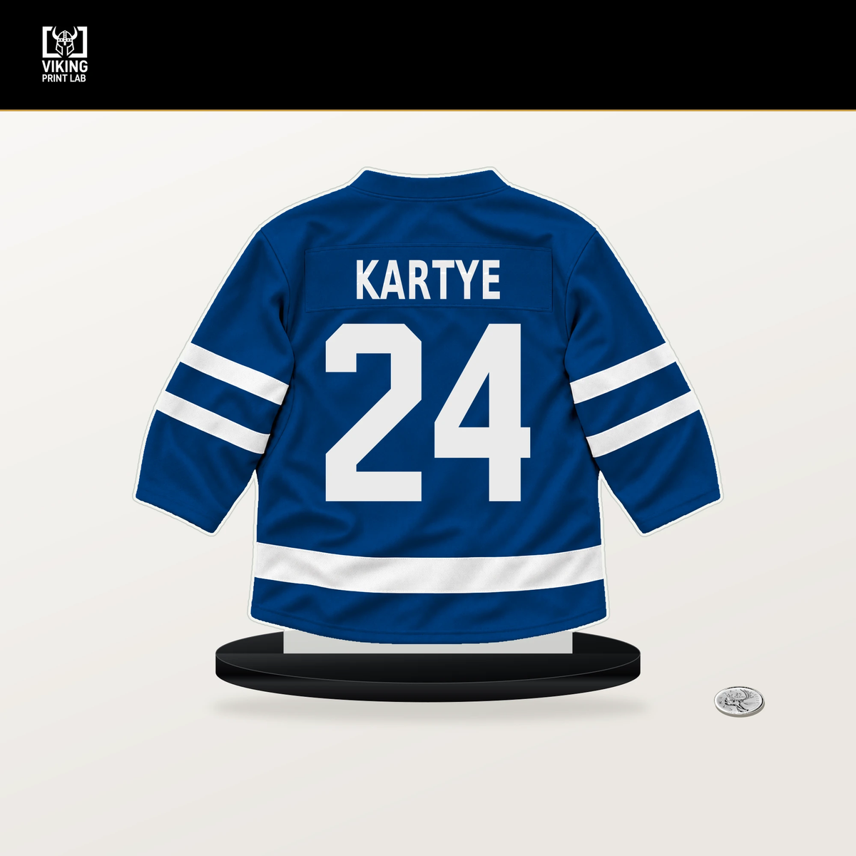 Tye Kartye number 24 New York Rangers jersey stand with included black base.