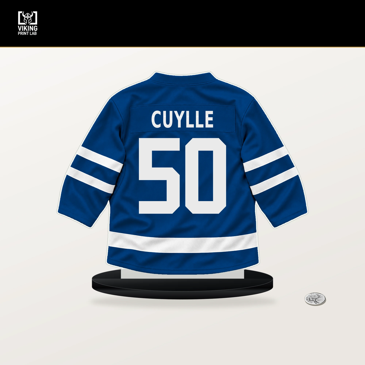 Will Cuylle number 50 New York Rangers jersey stand with included black base.