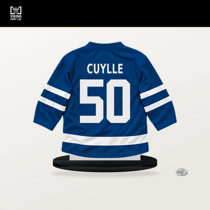 Will Cuylle number 50 New York Rangers jersey stand with included black base.