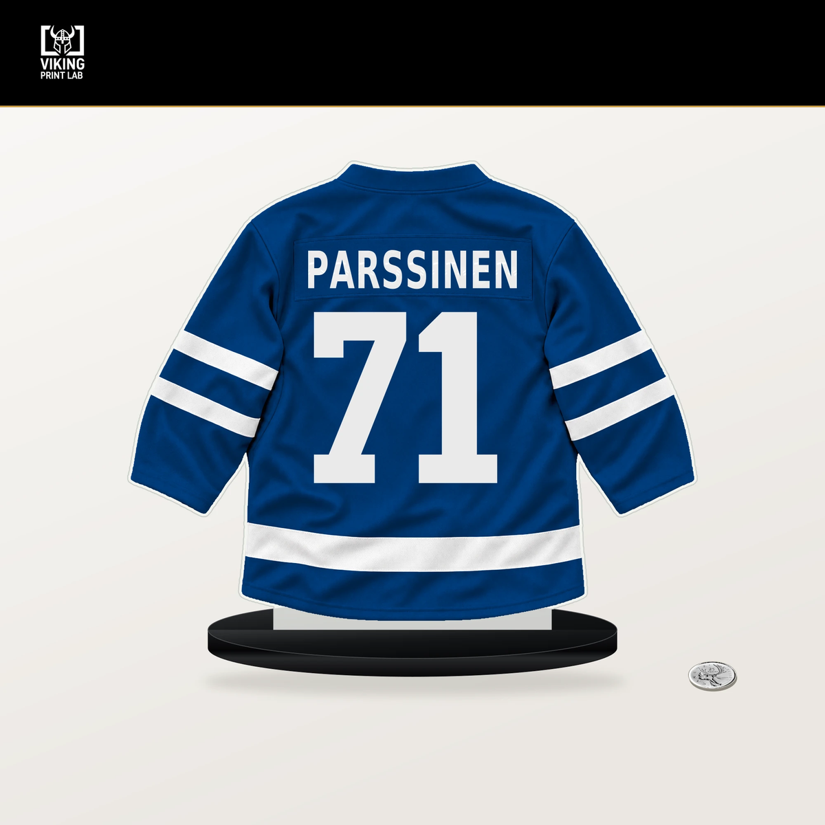 Juuso Parssinen number 71 New York Rangers jersey stand with included black base.