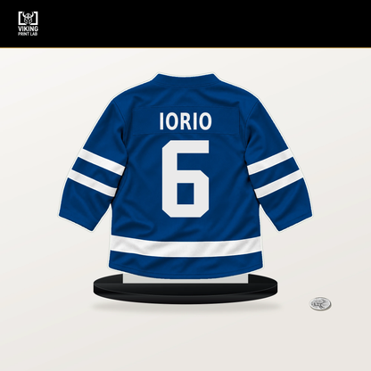 Vincent Iorio number 6 New York Rangers jersey stand with included black base.