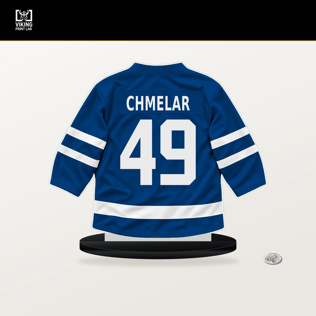 Jaroslav Chmelar number 49 New York Rangers jersey stand with included black base.