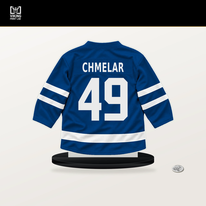 Jaroslav Chmelar number 49 New York Rangers jersey stand with included black base.