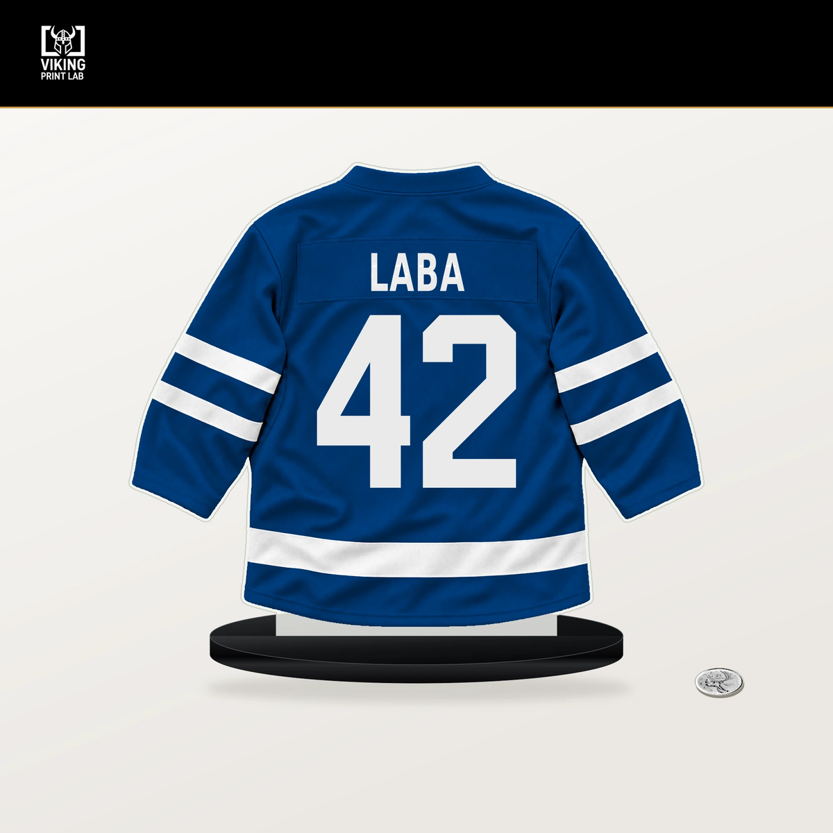 Noah Laba number 42 New York Rangers jersey stand with included black base.