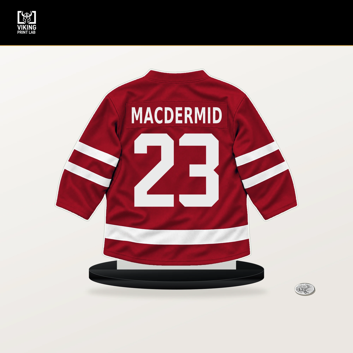 Kurtis MacDermid number 23 Ottawa Senators jersey stand with included black base.