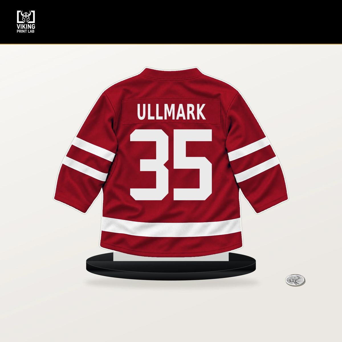 Linus Ullmark number 35 Ottawa Senators jersey stand with included black base.