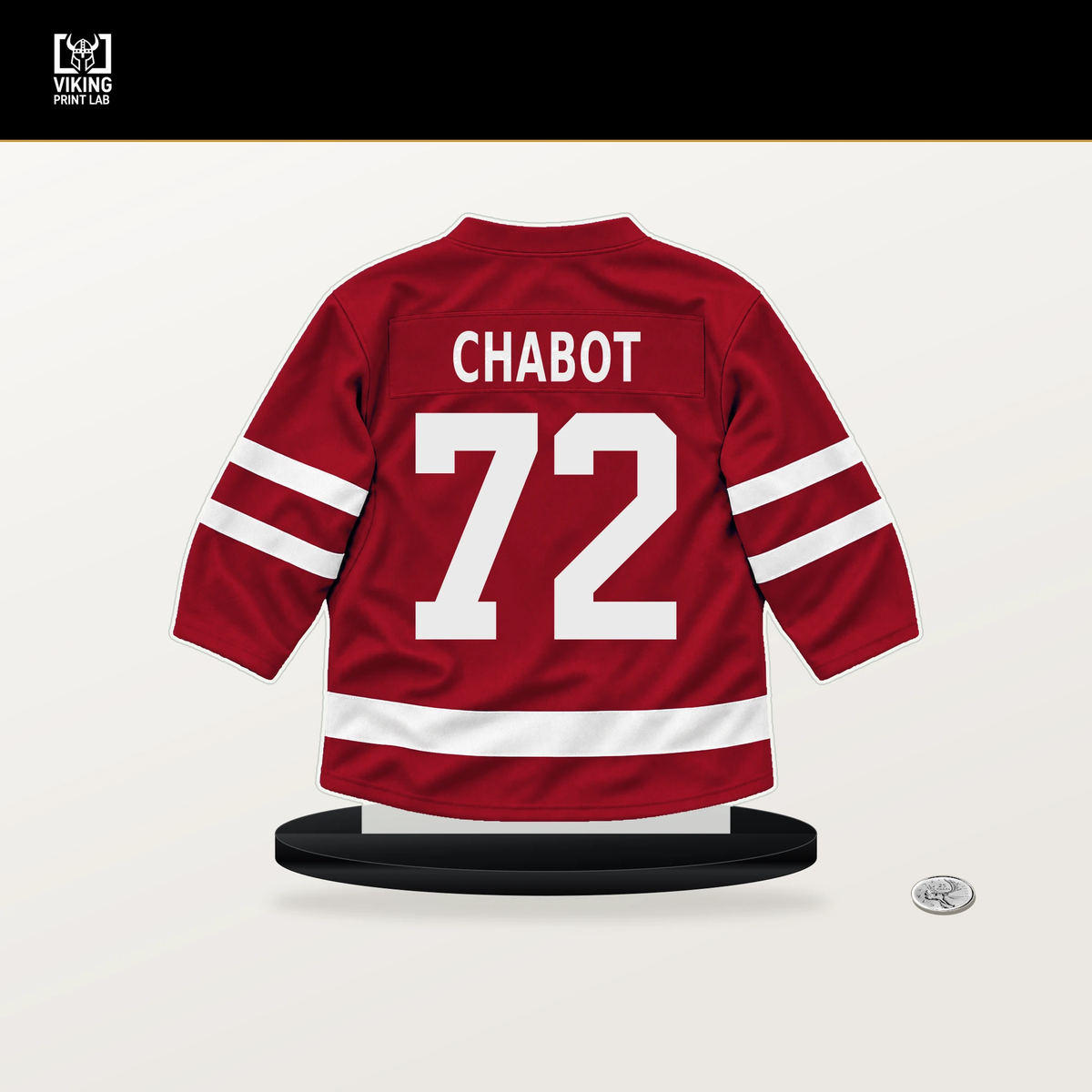 Thomas Chabot number 72 Ottawa Senators jersey stand with included black base.