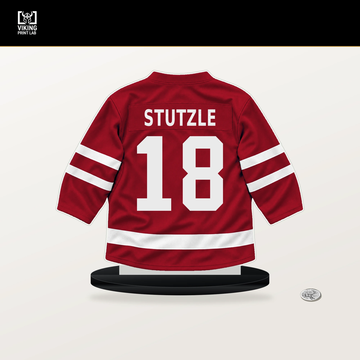 Tim Stutzle number 18 Ottawa Senators jersey stand with included black base.