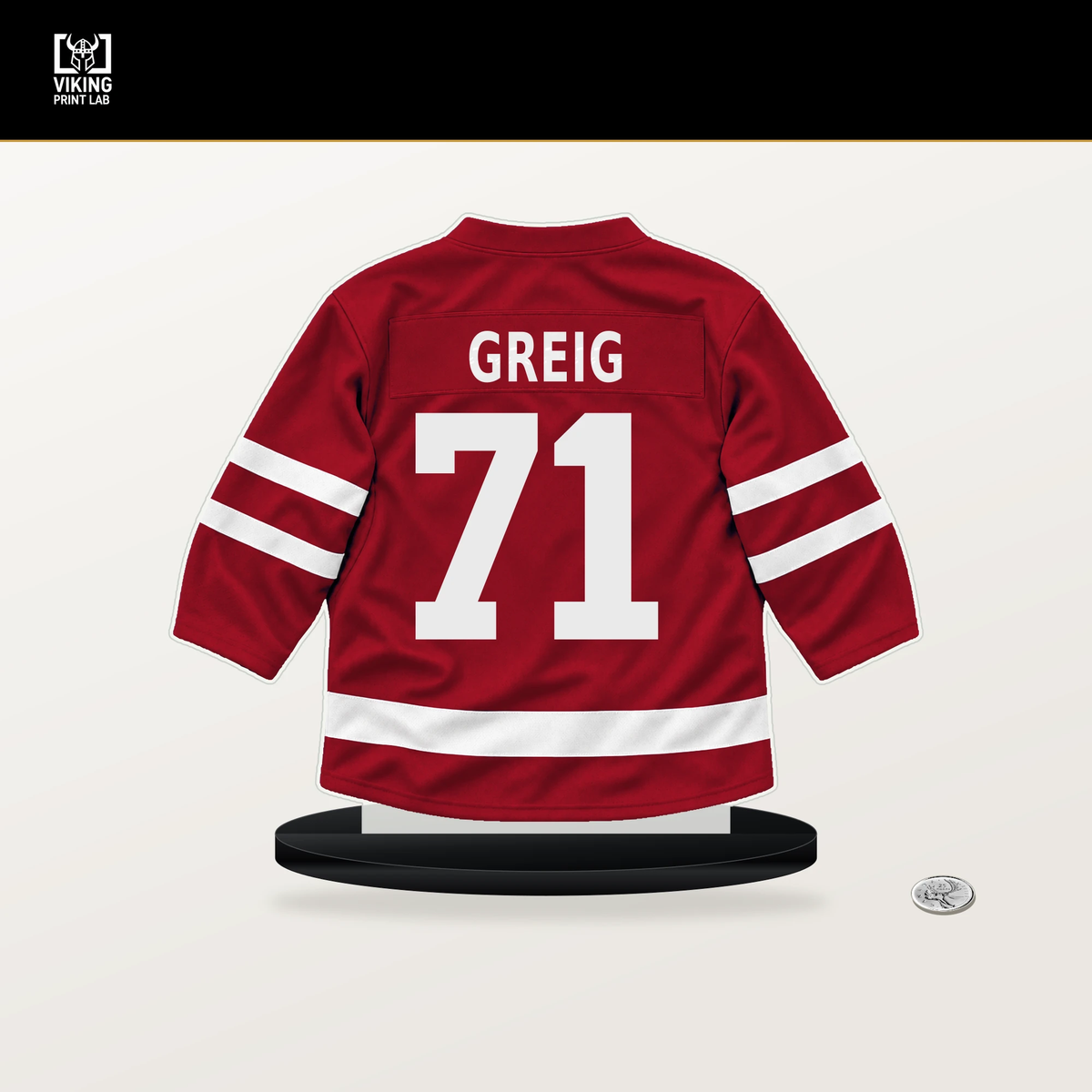 Ridly Greig number 71 Ottawa Senators jersey stand with included black base.