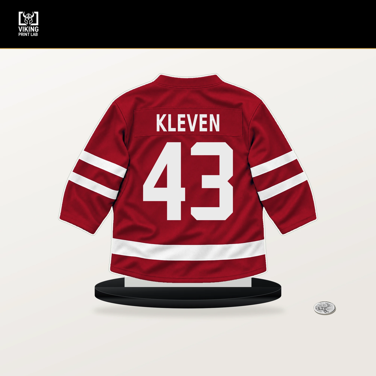 Tyler Kleven number 43 Ottawa Senators jersey stand with included black base.