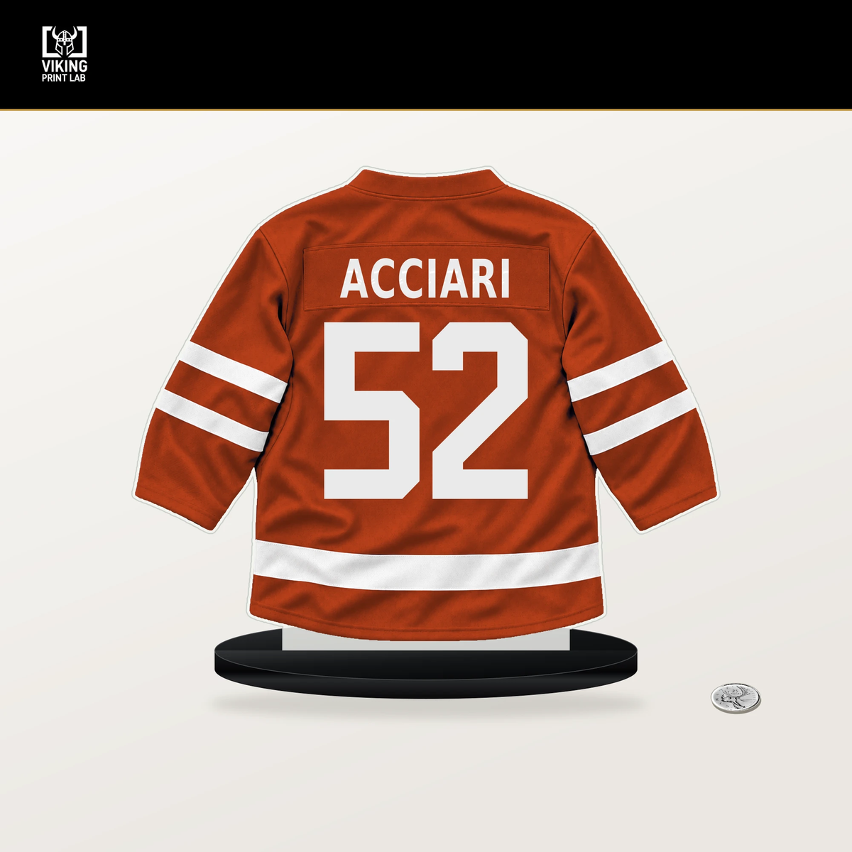 Noel Acciari number 52 Philadelphia Flyers jersey stand with included black base.