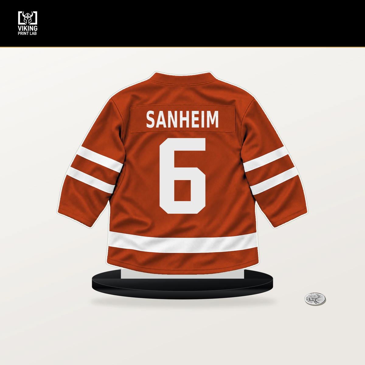 Travis Sanheim number 6 Philadelphia Flyers jersey stand with included black base.