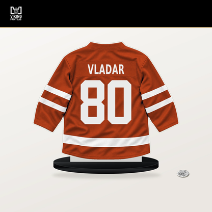 Dan Vladar number 80 Philadelphia Flyers jersey stand with included black base.