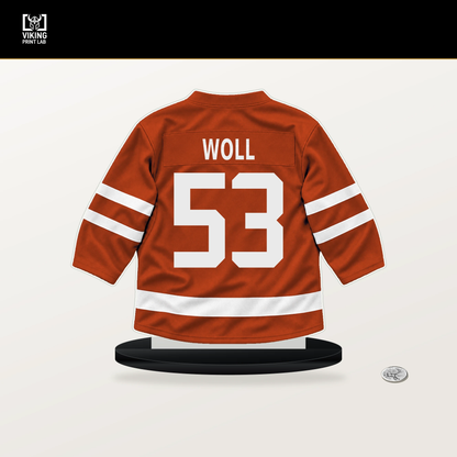 Joseph Woll number 53 Philadelphia Flyers jersey stand with included black base.