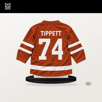 Owen Tippett number 74 Philadelphia Flyers jersey stand with included black base.