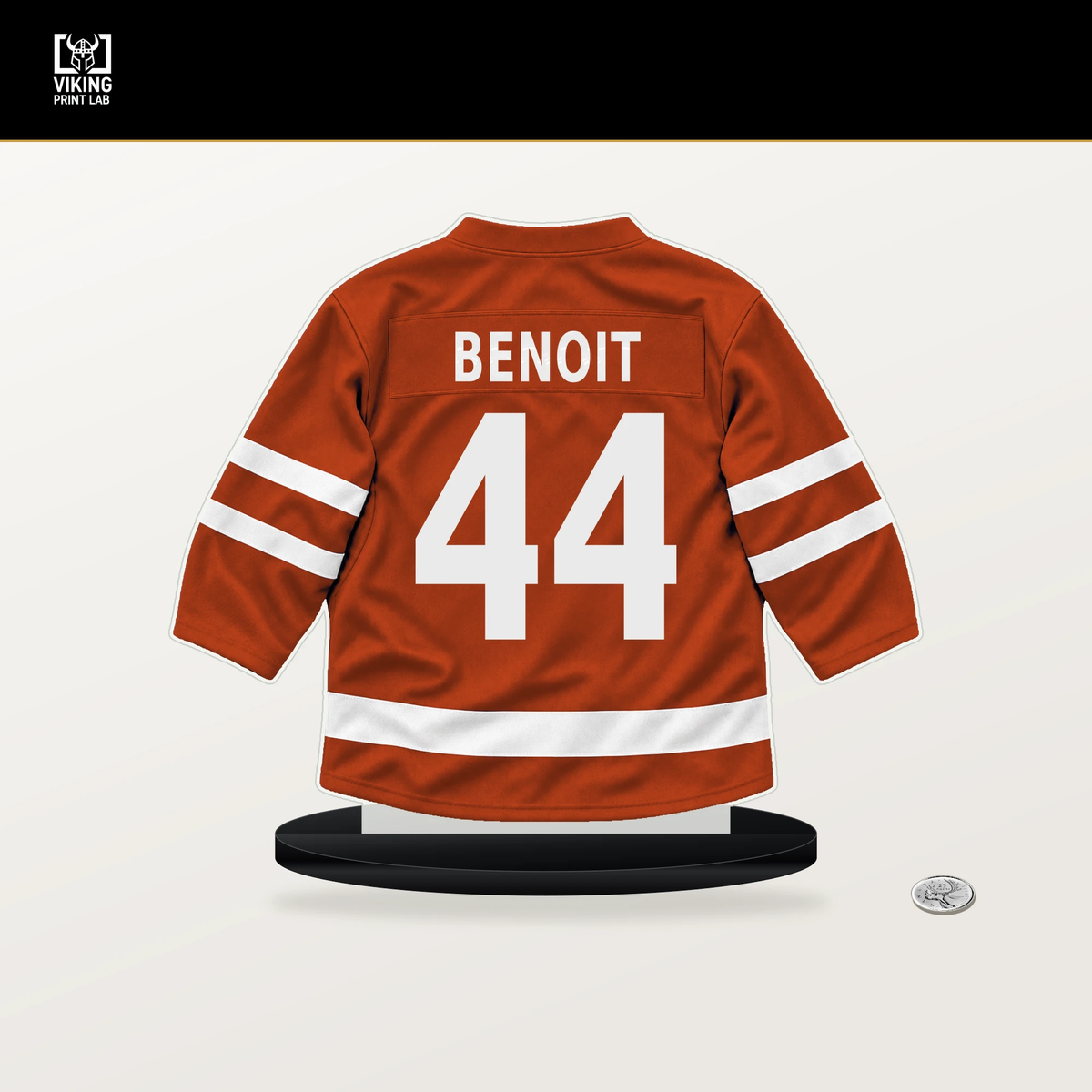 Simon Benoit number 44 Philadelphia Flyers jersey stand with included black base.