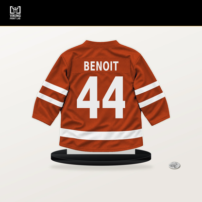 Simon Benoit number 44 Philadelphia Flyers jersey stand with included black base.