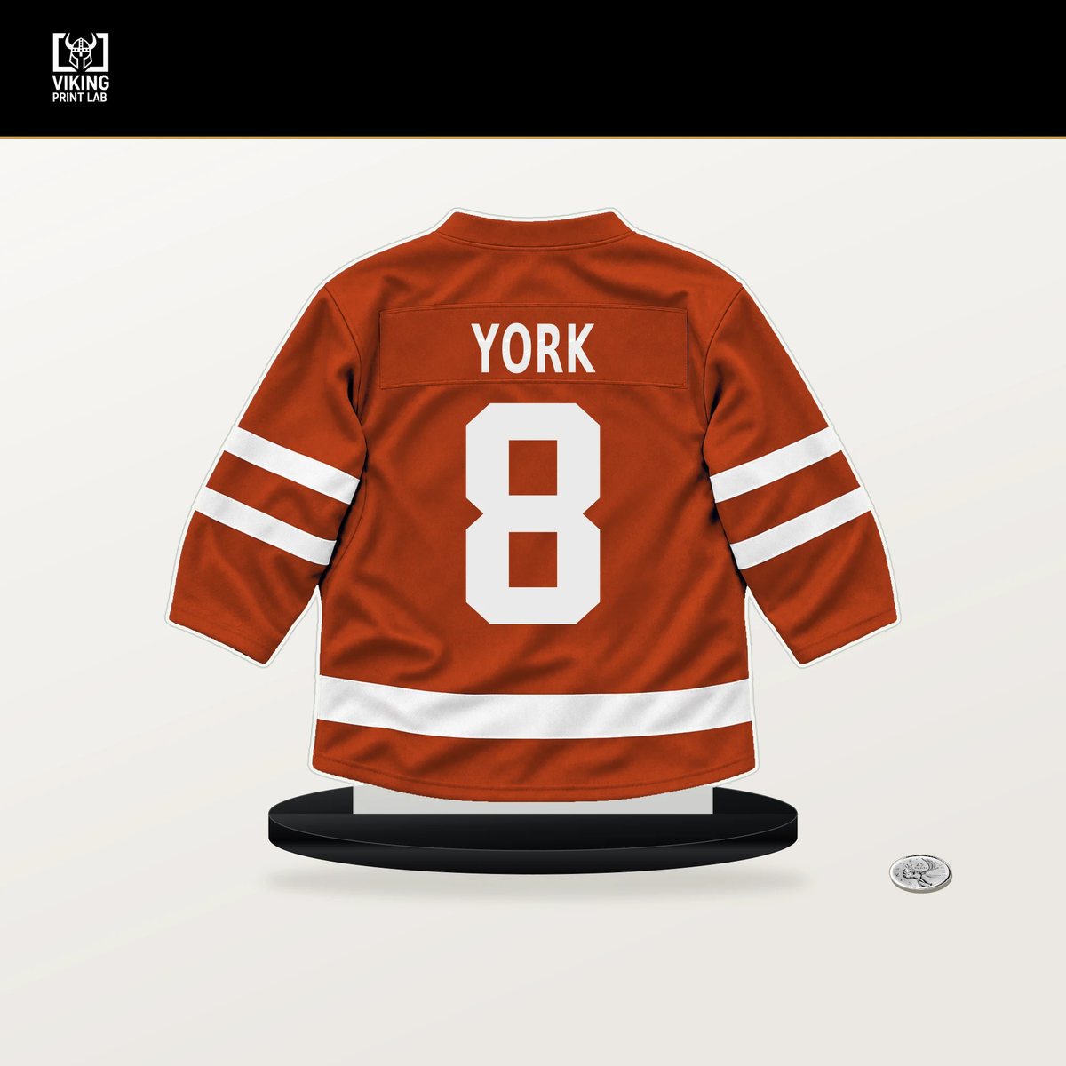 Cam York number 8 Philadelphia Flyers jersey stand with included black base.