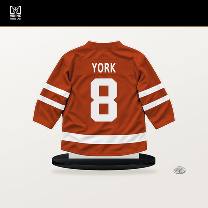 Cam York number 8 Philadelphia Flyers jersey stand with included black base.