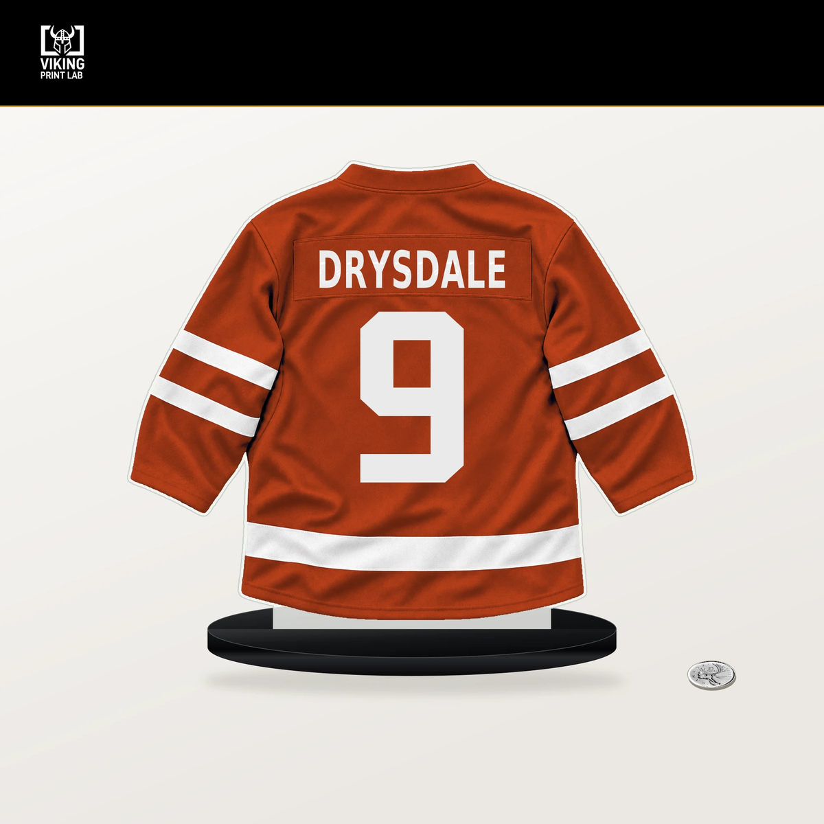Jamie Drysdale number 9 Philadelphia Flyers jersey stand with included black base.