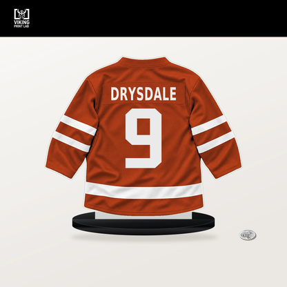 Jamie Drysdale number 9 Philadelphia Flyers jersey stand with included black base.