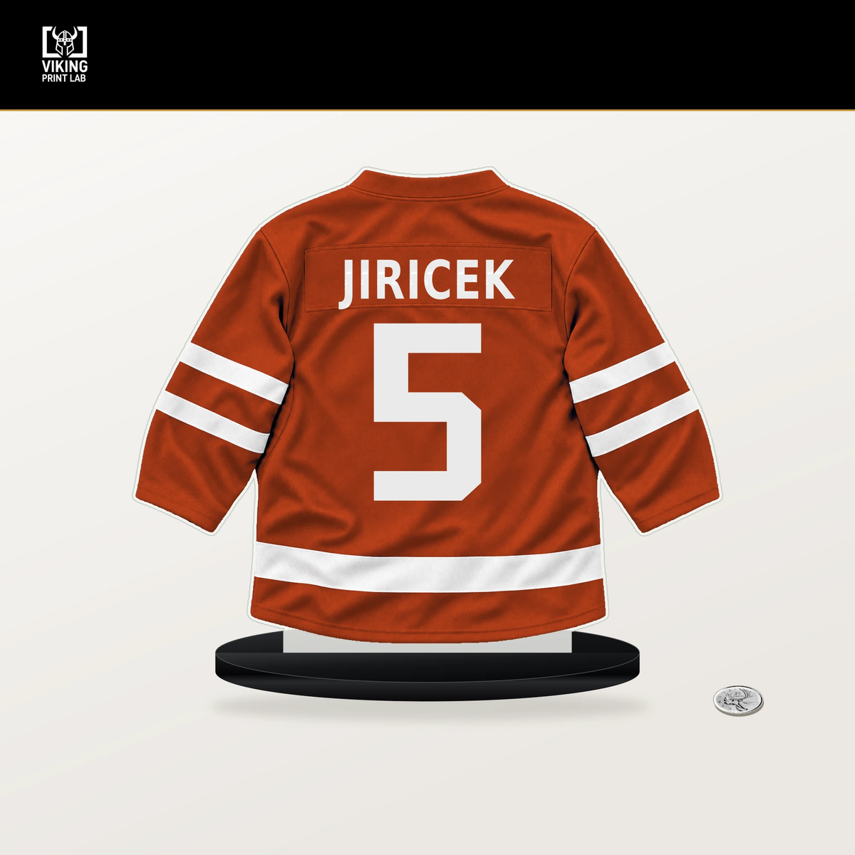 David Jiricek number 5 Philadelphia Flyers jersey stand with included black base.