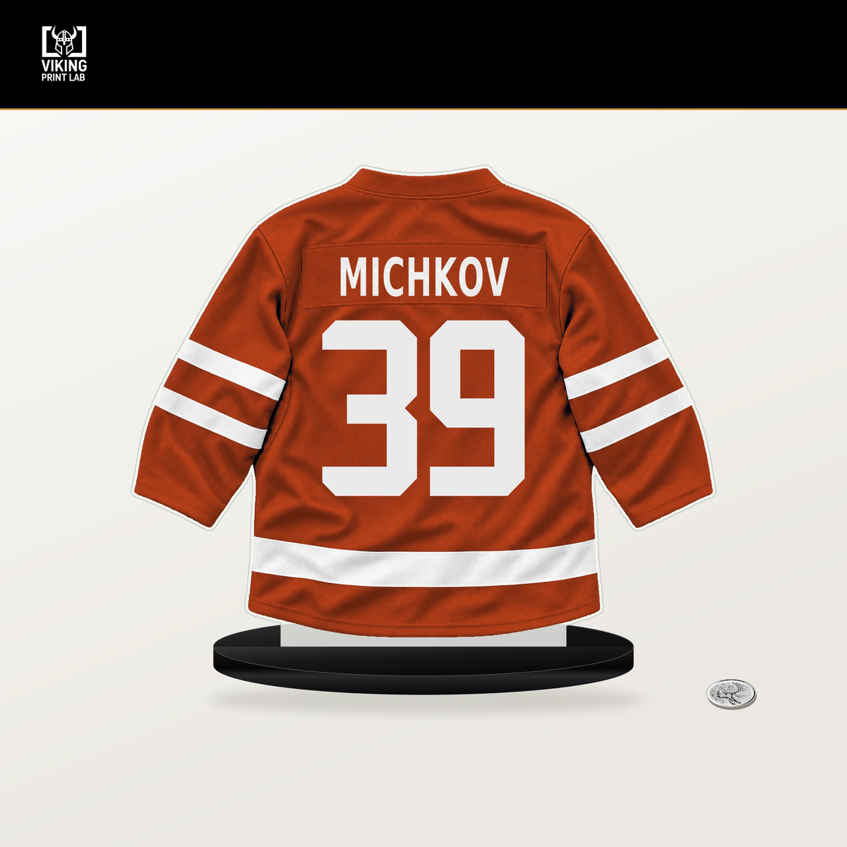 Matvei Michkov number 39 Philadelphia Flyers jersey stand with included black base.