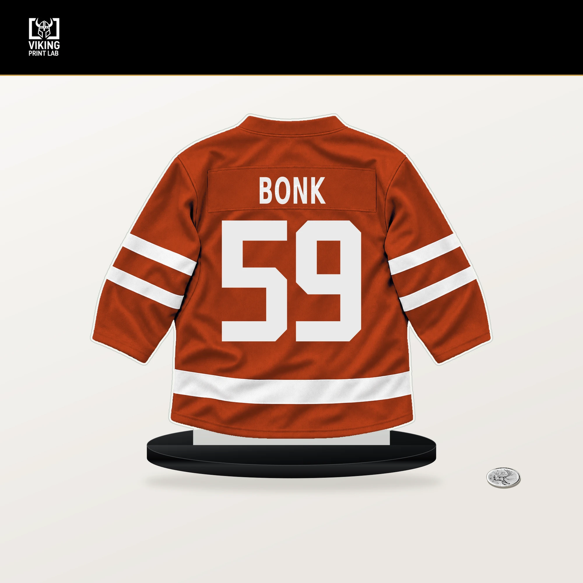 Oliver Bonk number 59 Philadelphia Flyers jersey stand with included black base.