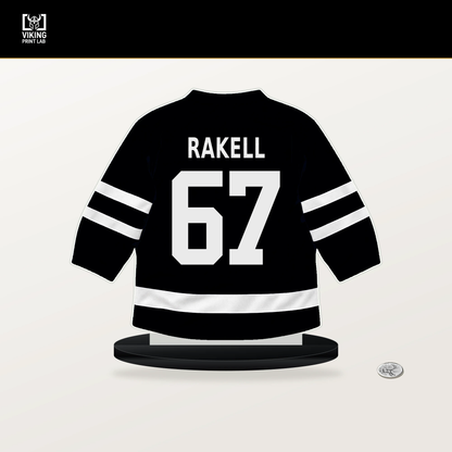 Rickard Rakell number 67 Pittsburgh Penguins jersey stand with included black base.