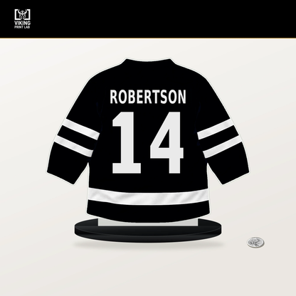 Nick Robertson number 14 Pittsburgh Penguins jersey stand with included black base.