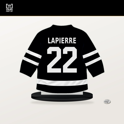 Hendrix Lapierre number 22 Pittsburgh Penguins jersey stand with included black base.