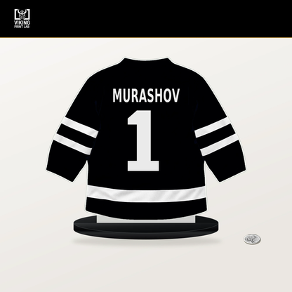 Sergei Murashov number 1 Pittsburgh Penguins jersey stand with included black base.