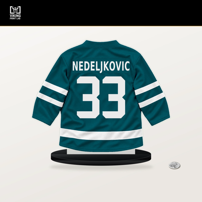 Alex Nedeljkovic number 33 San Jose Sharks jersey stand with included black base.