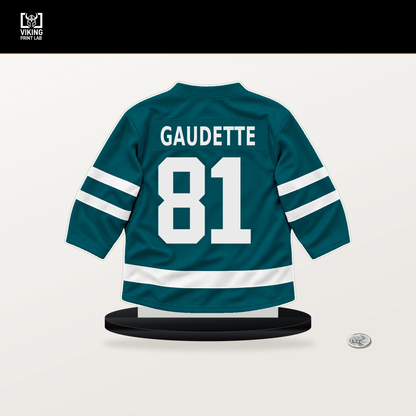 Adam Gaudette number 81 San Jose Sharks jersey stand with included black base.