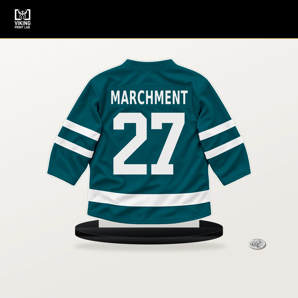 Mason Marchment number 27 San Jose Sharks jersey stand with included black base.