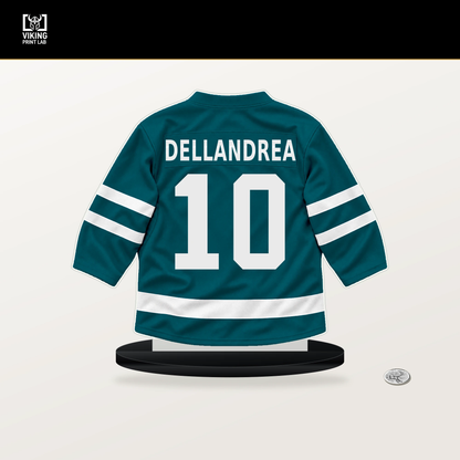 Ty Dellandrea number 10 San Jose Sharks jersey stand with included black base.