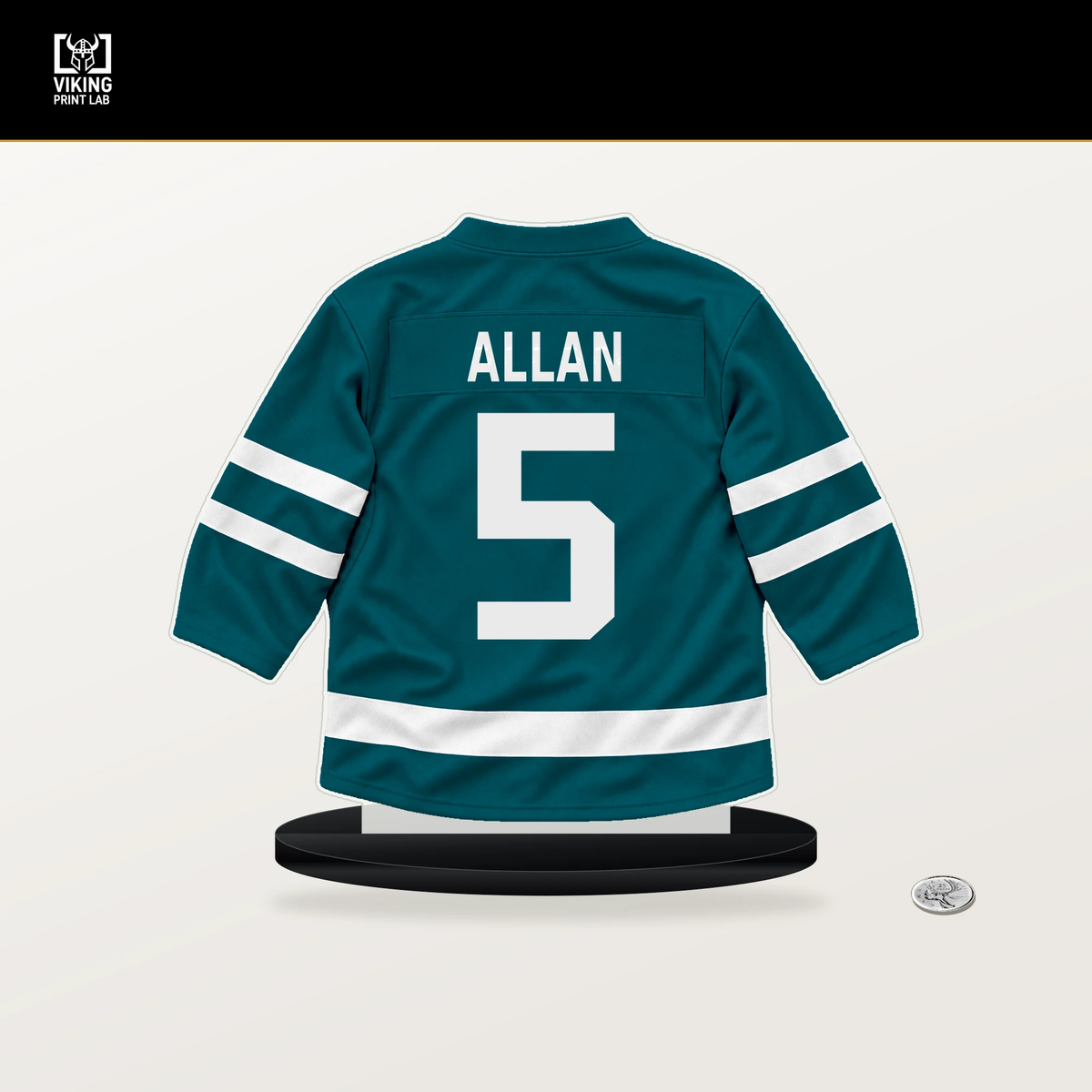 Nolan Allan number 5 San Jose Sharks jersey stand with included black base.