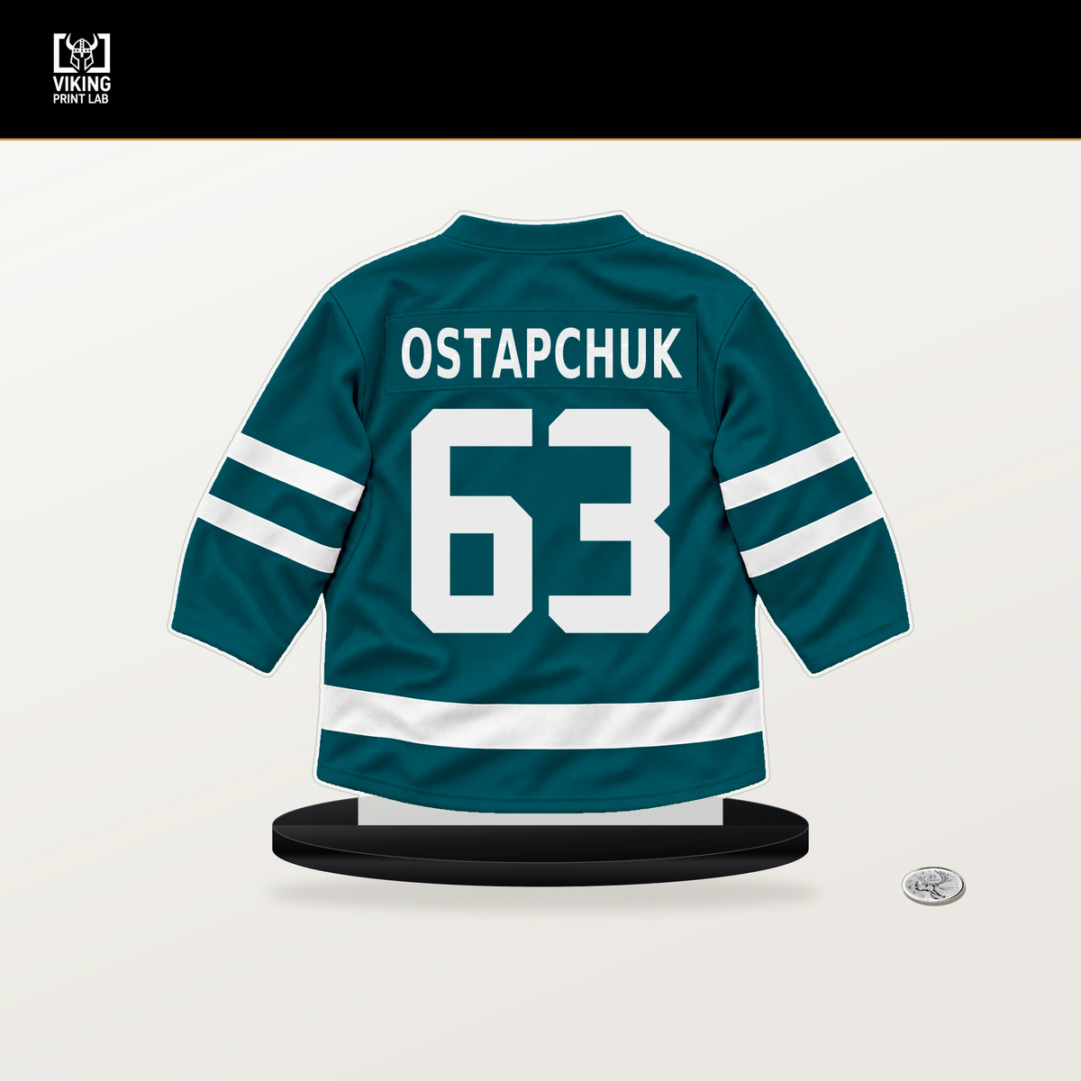 Zack Ostapchuk number 63 San Jose Sharks jersey stand with included black base.