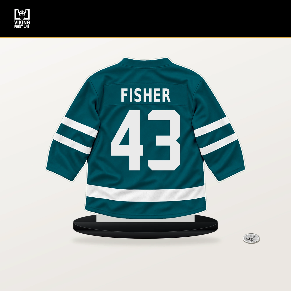 Michael Fisher number 43 San Jose Sharks jersey stand with included black base.