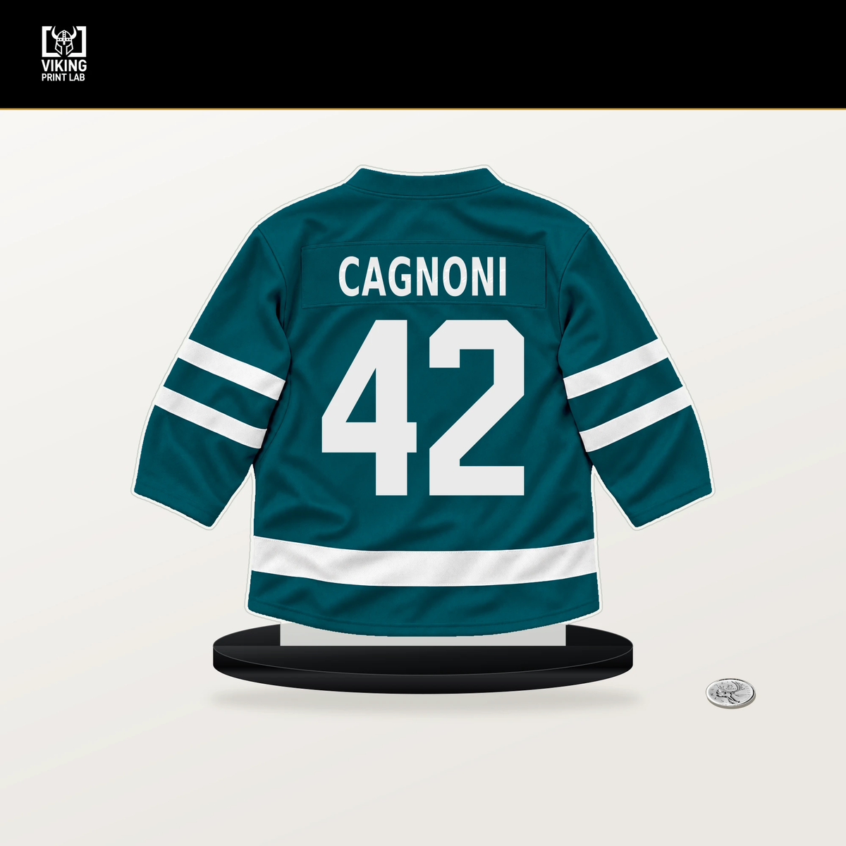 Luca Cagnoni number 42 San Jose Sharks jersey stand with included black base.