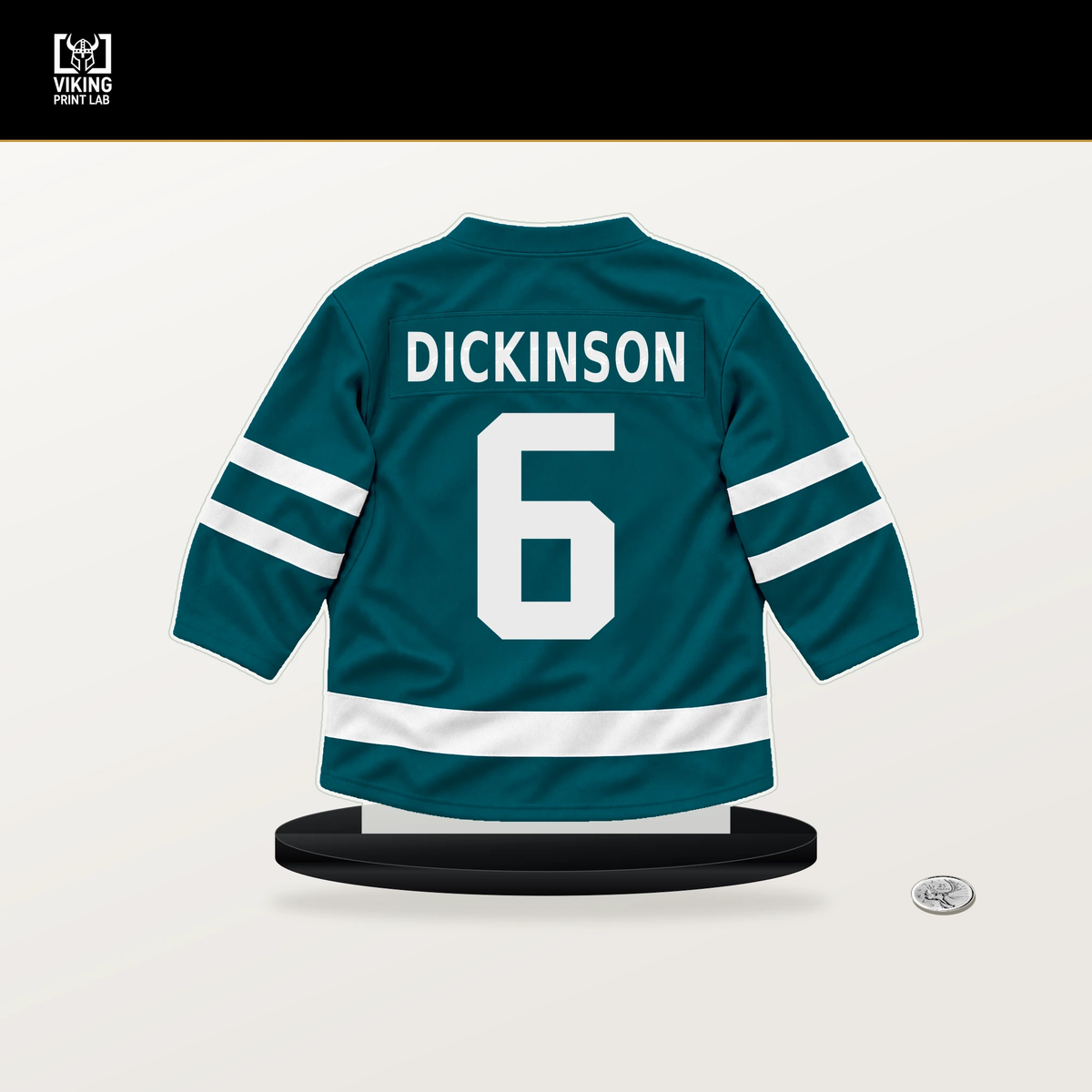 Sam Dickinson number 6 San Jose Sharks jersey stand with included black base.