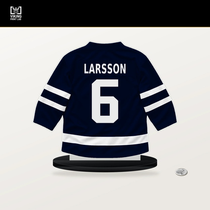 Adam Larsson number 6 Seattle Kraken jersey stand with included black base.