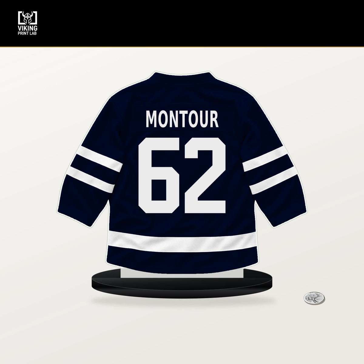 Brandon Montour number 62 Seattle Kraken jersey stand with included black base.