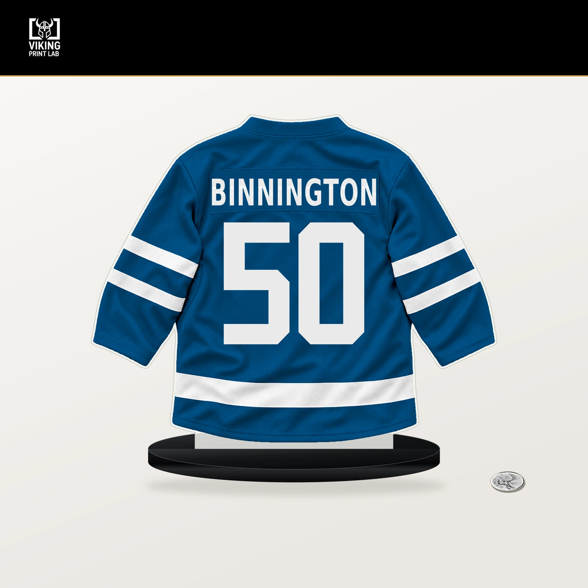 Jordan Binnington number 50 St. Louis Blues jersey stand with included black base.