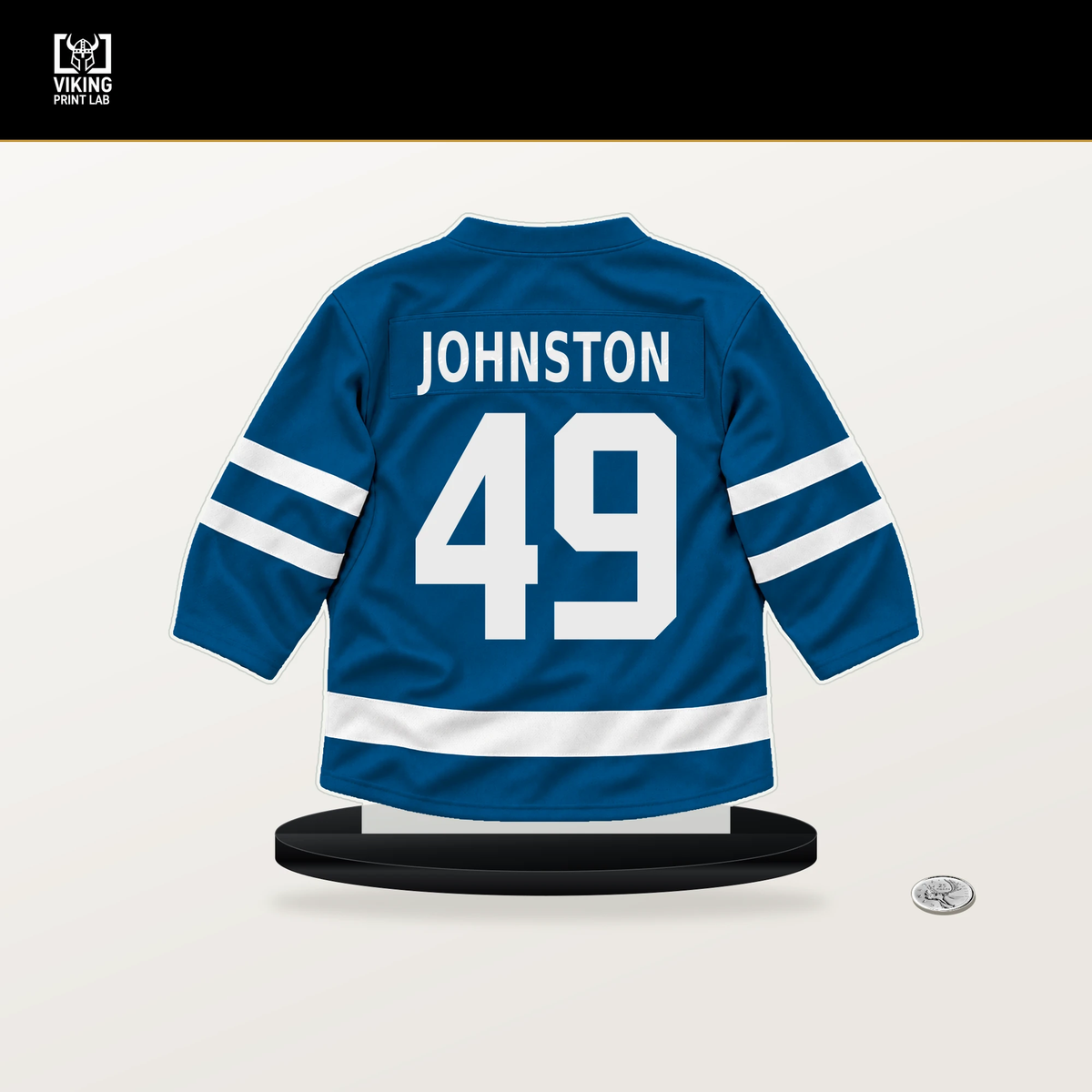Ross Johnston number 49 St. Louis Blues jersey stand with included black base.