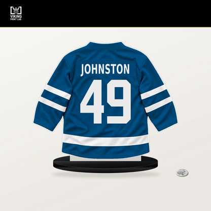 Ross Johnston number 49 St. Louis Blues jersey stand with included black base.